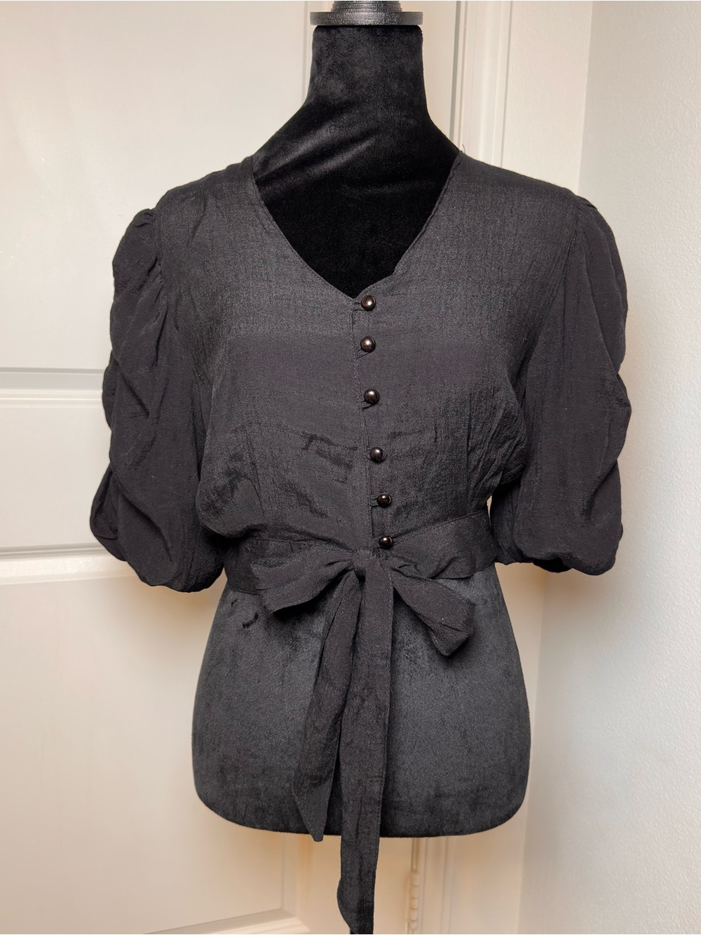 Black V-Neck Puff Sleeve Tie-Waist Blouse